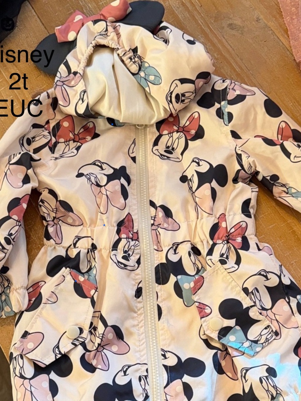 Disney Cream Minnie Mouse Hooded Rain Jacket with Pink and Black Accents